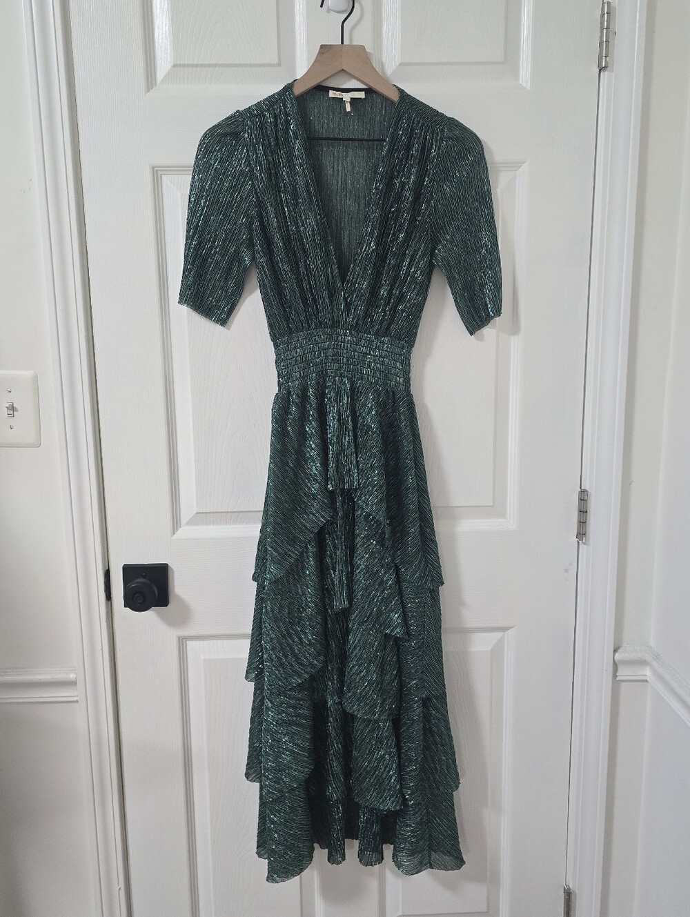Maje Ruffine Smocked Waist Metallic Tiered Midi Dress Size 36/US S - Picture 2 of 6